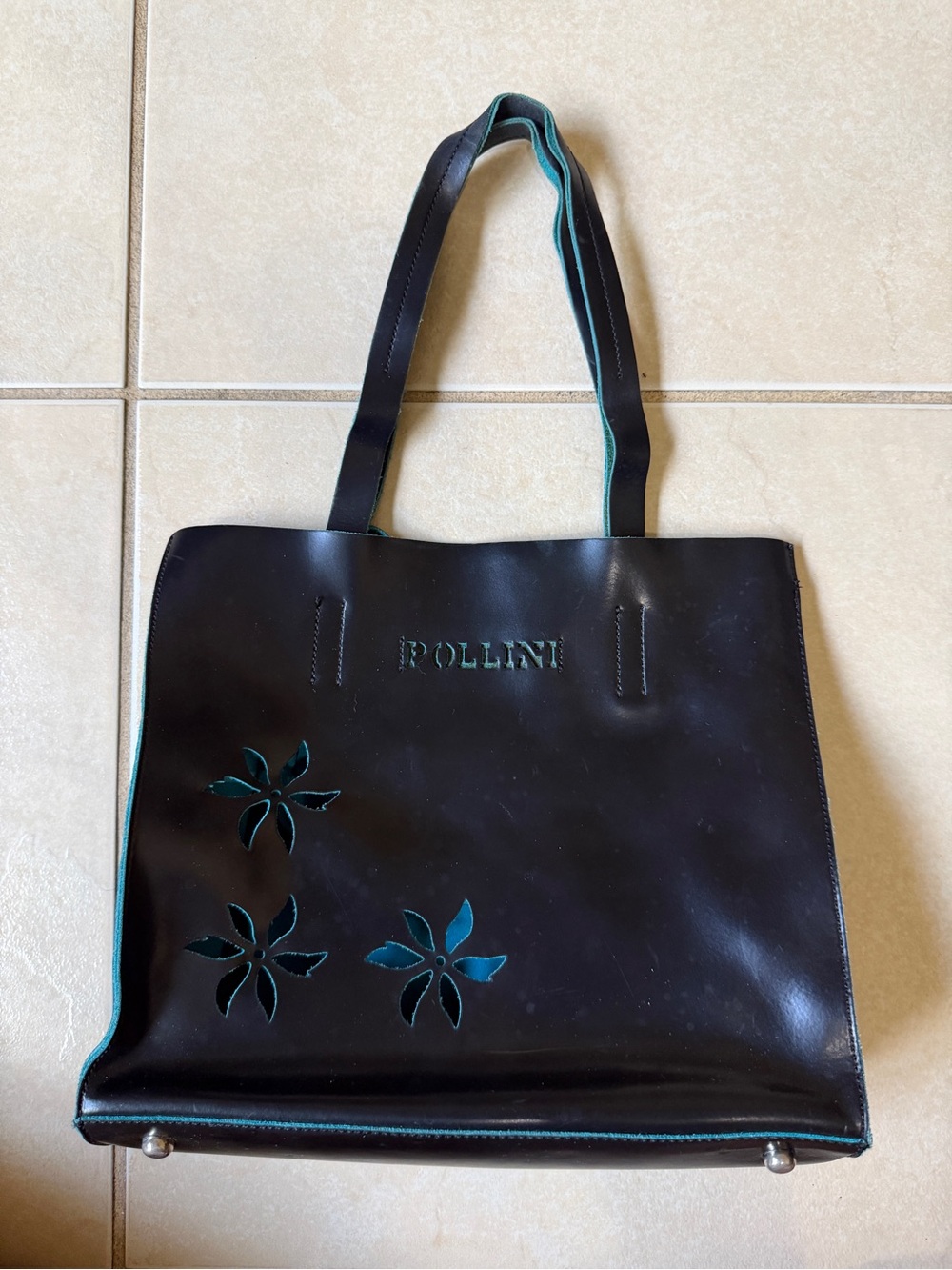 Vintage POLLINI Black Leather Tote Shoulder Bag Blue Floral Cutout Detail
